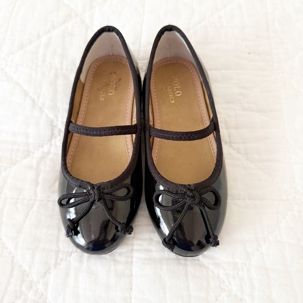 Kids Polo Ralph Lauren Nellie Leather Ballet Flat Black Patent 9 Toddler Girl - Picture 2 of 8